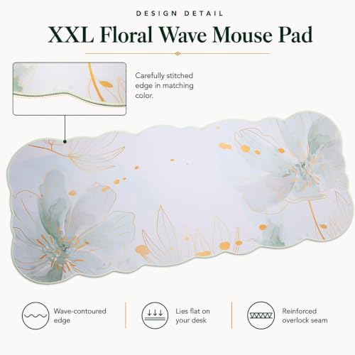 Scalloped Desk Mat 4-in-1 Set, XXL Large Wave Edge Mouse Pad with Gel Wrist Rest, Memory Foam Keyboard Wrist Rest & Coaster, Watercolor Floral Aesthetic Desk Pad for Women