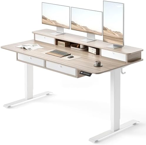 FEZIBO 60 x 30 inch Standing Electric Desk with Drawers, Light Rustic Brown