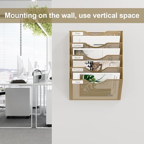 EasyPAG Wall File Organizer 5 Tier Hanging Paper Folder Holder, Zero Assembly Metal Mesh Wall Mounted Mail Organizer for Office Home Classroom Narrow Spaces, Gold
