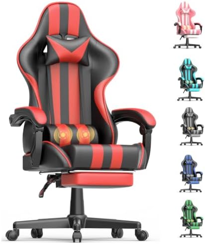 Ferghana Red Gaming Chair, Ergonomic Racing Style Computer Chair with Footrest, Adjustable Reclining, Lumbar and Head Support, PU Leather Gamer Chair