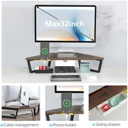 TEAMIX Corner Monitor Stand with Drawer and Phone Holder, 26x12.6x5.3in