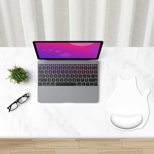 Ergonomic Mouse Pad with Wrist Rest, Cute Cat Memory Foam Padded Pain Relief Non-Slip Wrist Support Mouse Mat for Gaming Work Computer Laptop, Funny Office Supplies Desk Accessory, Ivory White