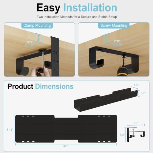 No-Drill Under Standing Desk Cable Management,47.2" L,Black