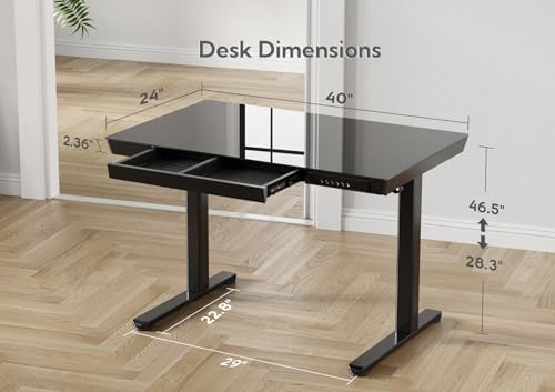 Claiks Glass Standing Desk with Drawers & USB Ports 40x24 Inch, Black