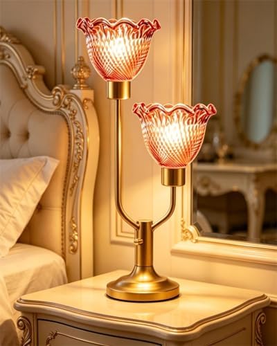 Lightdot Flower Glass Table Lamp for Bedroom Dimmable Vintage Pink Lamp