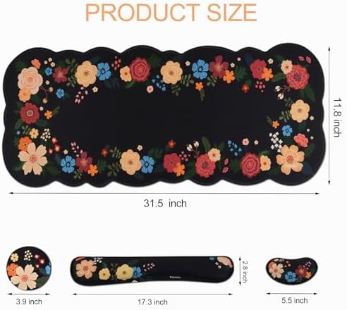 Petmolico Desk Pad Set with Wrist Rest for Keyboard & Mouse, Black Floral