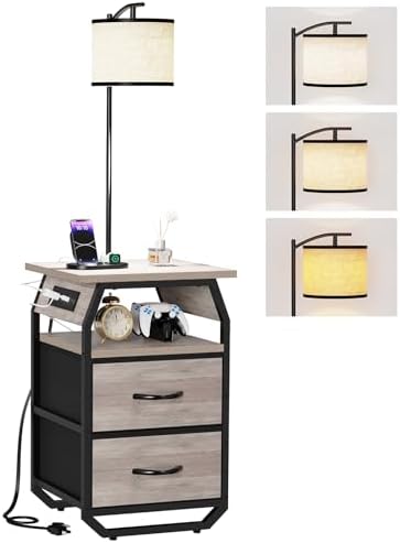 runjuly Floor Lamp with Table, End Table with Light and Charging, Greige