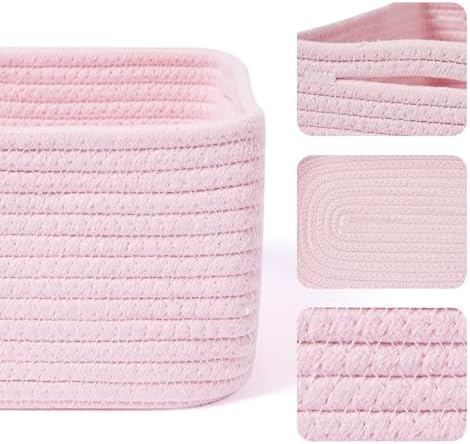 MiniArk Small Storage Baskets for Organizing | Closet Organizer Bins | Shelf Toy Basket | Woven Rope Baskets | Cube Decorative Box | Shallow Basket | 13x8.5x5.1” | 3 Packs Pink