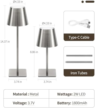 UME Cordless Table Lamp, Battery Operated Lamp - Portable Waterproof Rechargeable Table Lamp w/ 3 Color Temps & Stepless Dimming for Dinner, Desk, Cafe, Outdoor (Brushed Silver)