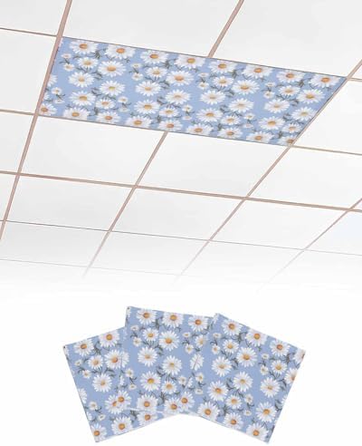 Blue Daisy Floral Magnetic Fluorescent Light Covers for Ceiling Lights 2 x 4 Feet,White Blossom Watercolor Spring Summer Office Classroom Kitchen Drop Ceiling Light Covers Filters Shade Panel 3 Packs