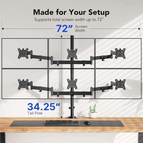 HUANUO Six Monitor Mount for 13–27 Inch Screens, Hex Monitor Stand with 33.8″ Taller Height Range, Fully Adjustable Heavy Duty Articulating Computer Stand, Holds up to 22 lbs, VESA 75x75/100x100mm