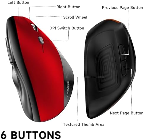 memzuoix Ergonomic Wireless Mouse, 2.4G Optical Cordless, 800/1200/1600 DPI, Vertical Computer Mouse for Laptop, Mac, PC, Desktop (Right Hand, Large) - Red