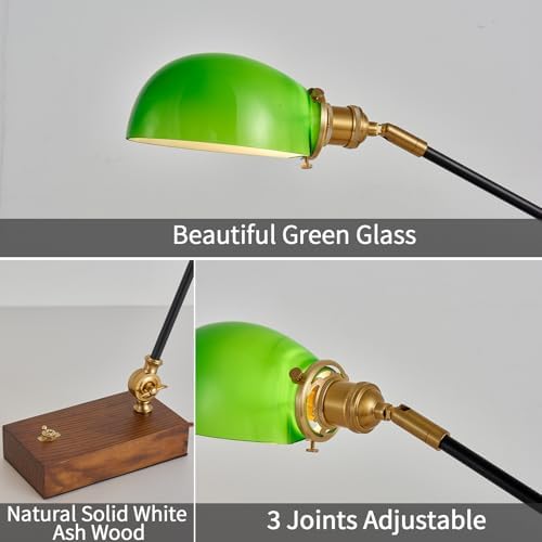 Vintage Green Glass Solid Wood BLack Gold Adjustable Swing Arm Desk Lamp