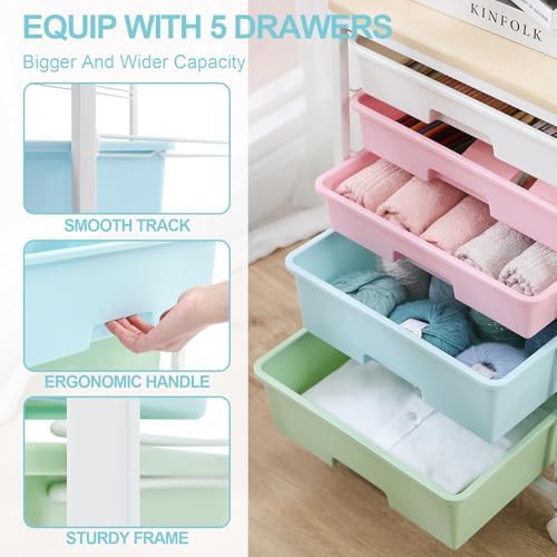 SYKIARIOL Utility Cart with 5 Drawers with Wooden Top, Rainbow