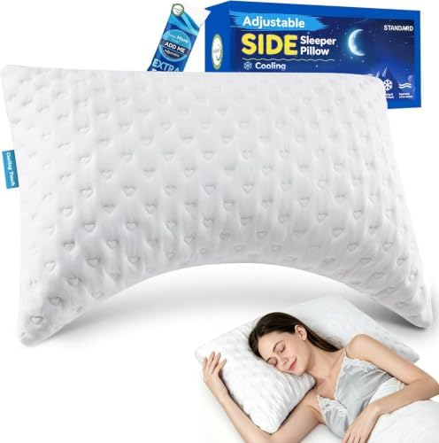 Side Sleeper Pillows for Neck & Shoulder Comfort - Ergonomic Curved Crescent Design, Adjustable Shredded Memory Foam, Cooling & Soft Cover, Extra Fill Included, Standard Size