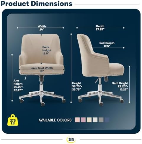 Serta Leighton Home Office Desk Chair, Mid-Back with Chrome Nailheads, Memory Foam Cushion and Padded Arms, Modern Makeup Vanity Armchair with Wheels, Swivel Base, Twill Fabric, Stoneware Beige