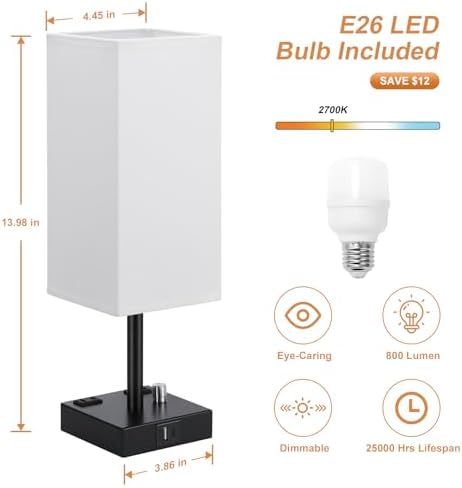 White Bedside Table Lamps Set of 2 - Dimmable, USB C+A, 2 AC Outlets