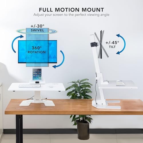 Mount-It! Electric Standing Desk Converter, Adjustable Tabletop Sit Stand Desk Riser with Single Monitor Mount for Monitors up to 32", Freestanding 28" Wide Platform Rises up to 20.75" White
