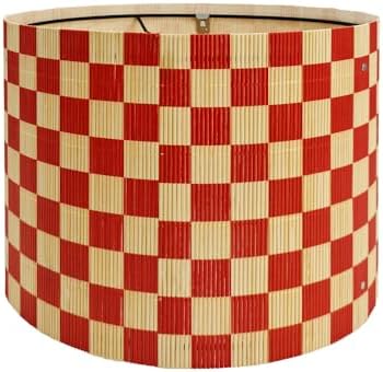 Modern Lamp Shade with Colorful and Natural Checkered Pattern Bamboo Made, Translucent Drum Shape, 11.8 Inch for Table and Floor Lamps, Ideal for livingroom bedroom (Red)