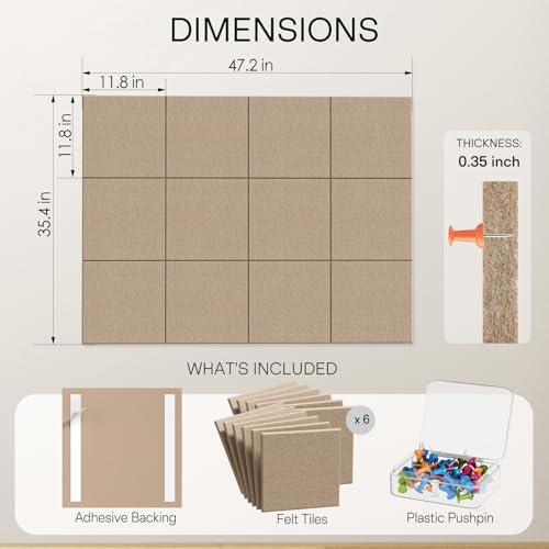 MaxGear Felt Bulletin Board 48" x 36", Tan Felt Wall Tiles Wall Decor