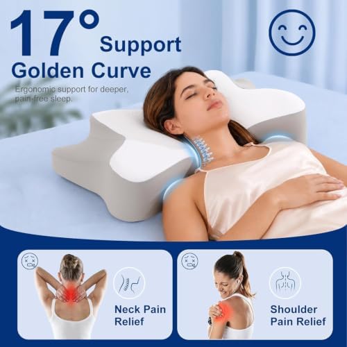 jiaao Cervical Neck Pillow for Pain Relief, Memory Foam Neck Support, White