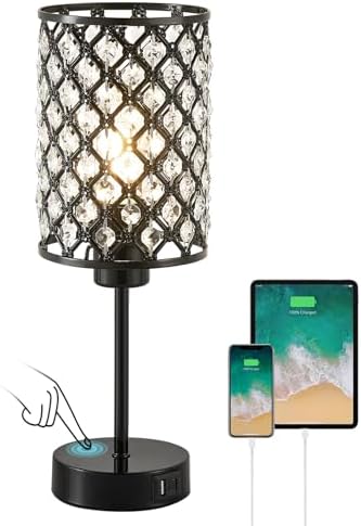 Crystal Table Lamp, Black Touch Lamp with USB C+A Port, 3-Way Dimmable