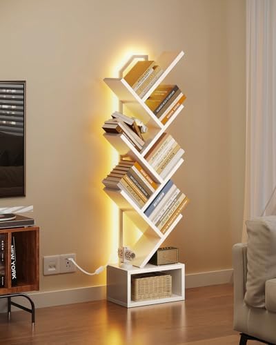 Casaottima Tree Bookshelf with LED Lights, 6-Tier Small Bookshelf, White