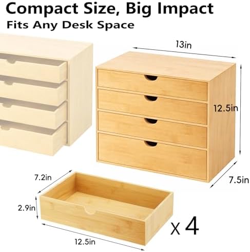Neando Bamboo Desk Organizer with Drawers, 4-Tier Wooden Desk Organizer, Small Desktop Storage for Office Supplies, Makeup, Accessories, Space-Saving Organizer for Desk, Vanity & Home