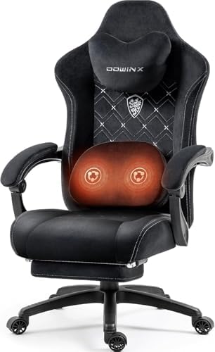 Dowinx Fabric Gaming Chair with Heated Massage Lumbar Support, Game Chairs for Adults, Big and Tall Gamer Chair with Pocket Spring Cushion, High Back PC Chairs with Footrest, Black