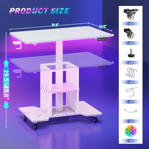 SEDETA Small Standing Gaming Desk, 31.5" Rolling Computer PC Desk Electric Height Adjustable with Power Outlet, Pegboard & Storage Shelves, RGB LED Light, for Small Spaces/Bedroom/Gaming, White