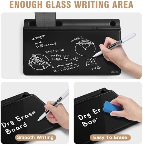 SELEAD Desktop Glass Whiteboard with Storage, 5 Markers and 1 Eraser, Black
