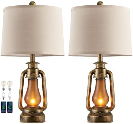 25" Set of 2 Rustic Lantern Table Lamps for Living Room Bedroom, 2 USB Ports Farmhouse Vintage Bedside Desk Lamp Nightlight for Entryway Office End Table, 4 Bulbs Included