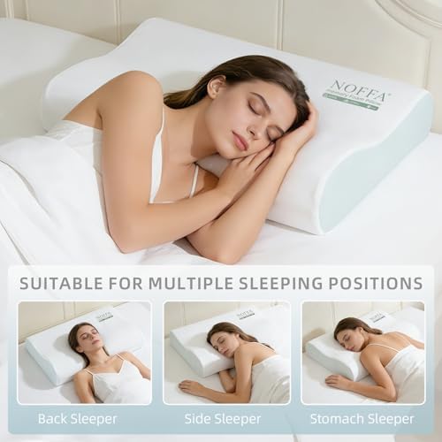 2PCS Cervical Neck Pillow for Neck Pain Relief, Neck Support Pillows, Contour Memory Foam Pillow, Orthopedic Pillow for Side Back Stomach Sleeper, Cooling Removable Pillowcase, Medium Soft