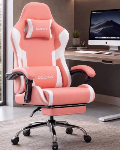 Dowinx Ergonomic Pink Gaming Chair with Footrest & Massage Lumbar, 2D-Linkage Armrests for Cute Aesthetic Esports Chair for Girls, Office, Home and Long Gaming Sessions, Pink