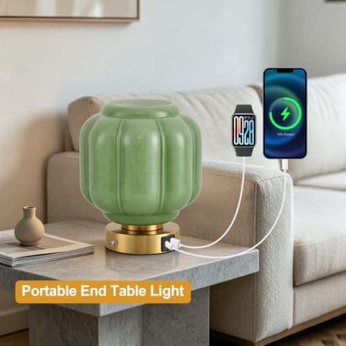 Rechargeable Table Lamp, Cordless Green Glass Bedside Lamp Small