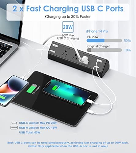 Jgstkcity Desk Clamp Power Strip,40W Total Fast Charging Station,2 PD 20W USB C Ports,Desk Edge Mount Surge Protector for Home, Office,3 Outlets,Fit 1.96" Tabletop Edge,ETL Listed