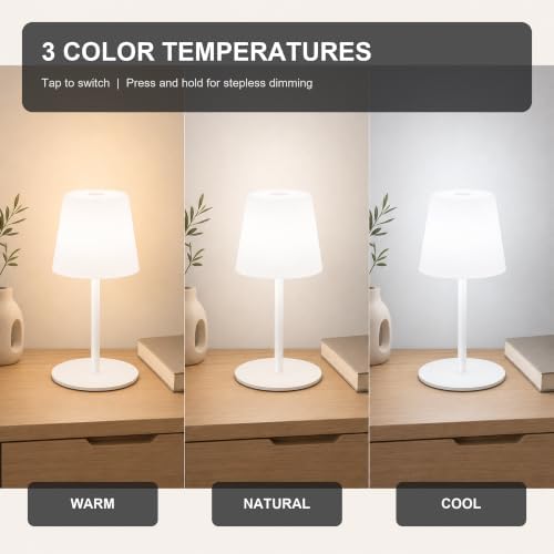 Rechargeable Cordless Table Lamp, IP65 Waterproof Touch Night Light with 4000mAh Battery, 3 Color Temperatures and Stepless Dimming for Bathroom, Nursery, Bedside and Skincare, White