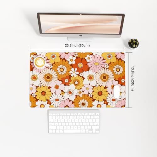 Faux Leather Large Mouse Pad, Office Desk Mat, 23.6"x13.8", Retro Flowers