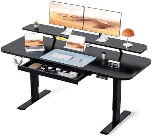 COMHOMA Electric Standing Desk with Drawers, 55 x 24 Inch Sit Stand up Desk with Monitor Stand, Laptop Stand, Height Adjustable Home Office Computer Desks with Memory Preset Controller (Black)