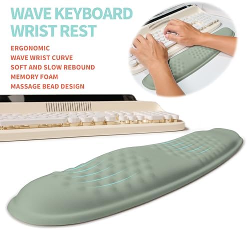 2-in-1 Ergonomic Set, Wave Rise Keyboard Wrist Rest and Massage Bulge Slope Mouse Pad Wrist Support, Cushion Memory Foam Integrated to Relieve Wrist Pain, Light Green