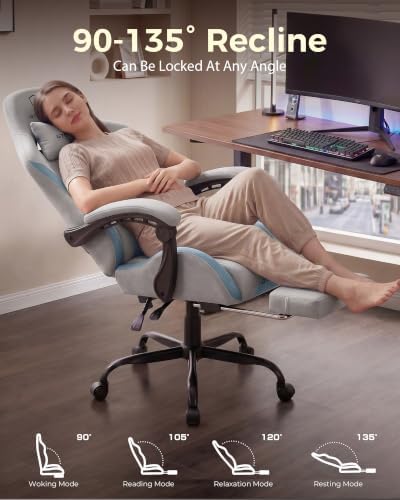 LUCKRACER Big and Tall Gaming Chair, 350Lbs Heavy Duty Office Chairs High Back Computer Chairs with Foot Rest Wide Cushion Lumbar Support Desk Chair Comfy for Adults Breathable Fabric, Light-Grey