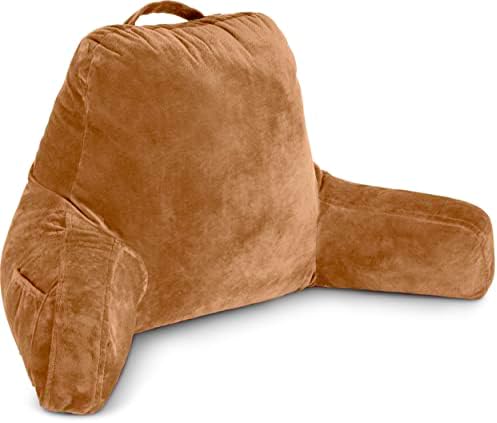 Husband Pillow Tan, Original Reading Pillow in Bed Rest Chair, Shredded Memory Foam Large Lounge Cushion Adult Backrest with Arms, Comfy Back Support for Sit Sitting Up, Washable/Removable Cover