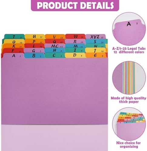 1 Set A-Z Alphabetic and Number Top Label Files, Legal Size, 25 Sheets File Dividers 1/5 Cut Label File Cabinet Dividers Desk Organizer for Office, Home and School (Rainbow)