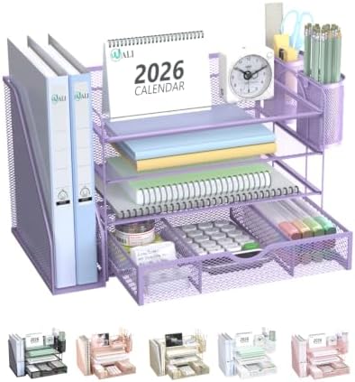 WALI Desk File Organizer, 4 Tier Desktop Paper Letter Tray Organizer with Drawer and 2 Pen Holders, Office Desk Accessories & Workspace Organizers for Office, Home Supplies(DO005DH-V), 1 Pack, Purple