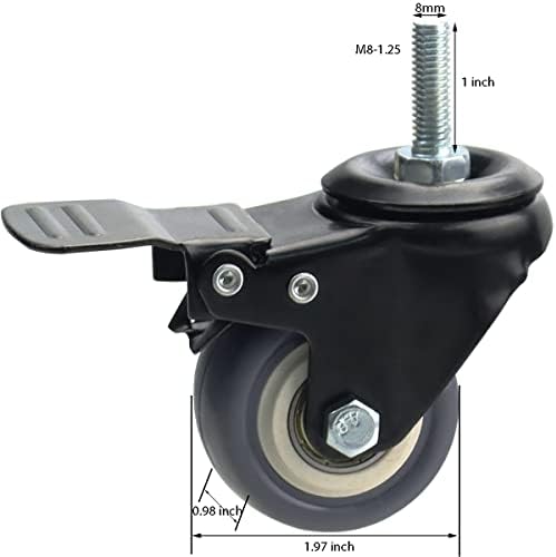 2 Inch Swivel Caster Wheels Set of 4, Metric M8-1.25 Threaded stem(Bolt Diameter 8mm, Length:1″) Durable Soft Rubber casters with Double Lock Mechanism, castors for Carpet Hardwood Floor
