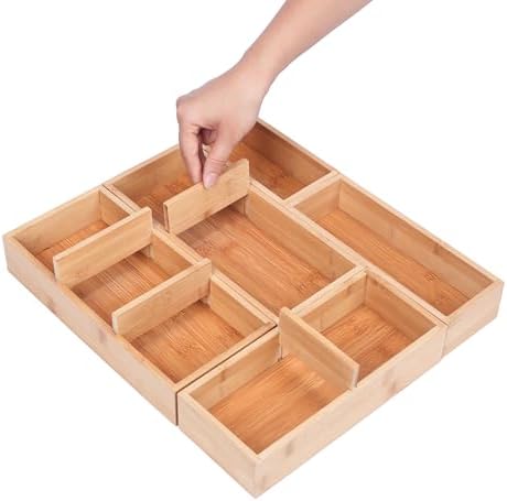 Bamboo Drawer Organizers Set with Removable Dividers, 5PCS Adjustable Multi-Use Wood Storage Organizers(5-9 Grids), Desk Drawer Tray for Bathroom, Office, Dresser, Storage Box for Jewelry, Makeup