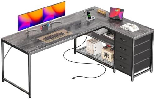 PRAISUN 61" L Shaped Desk with Power Outlets & 4 Drawers