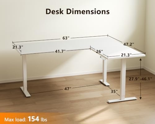 Casaottima 63 Inch L Shaped Electric Standing Desk, Home Office, White