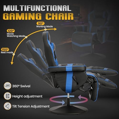 Massage Gaming Recliner Chair with Cup Holder & Side Pockets – Ergonomic PU Leather Video Gaming Chair with Footrest, Manual Recline, Headrest & Lumbar Support for Office or Game Room (Blue)