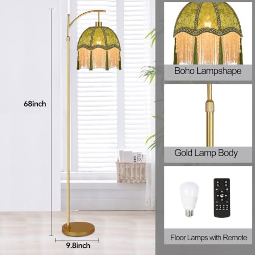 Vintage Floor Lamps for Living Room Boho Rustic Floor Lamp with Remote Control & 3 Color Temperature,Dimmable Gold Floor Lamp Mid Century Modern Standing Lamp Fringe Green Tall Floor Lamp For Bedroom